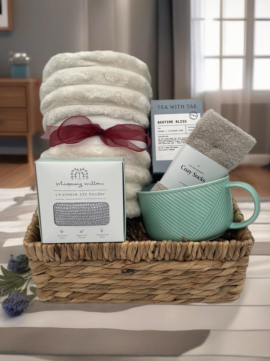 Feel Better Soon get well gift basket with cozy socks, plush throw, and soothing tea from Great American Basket Company in Maine