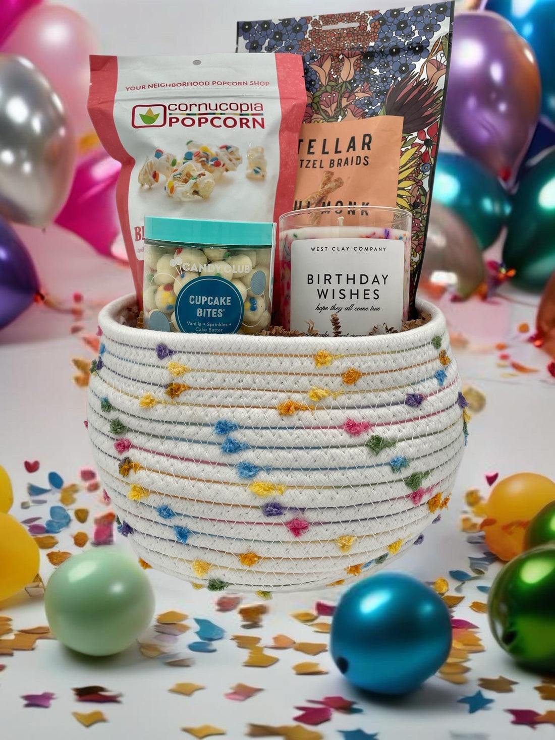 Birthday Love Gift Basket with sprinkle candle, popcorn, and cupcake bites