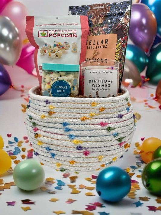 Birthday Love Gift Basket with sprinkle candle, popcorn, and cupcake bites