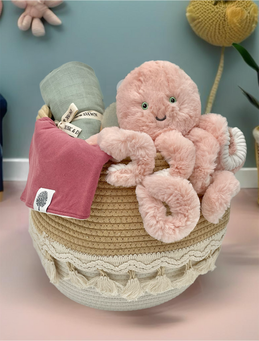 Ocean Adventure baby shower gift basket with ocean-themed newborn items