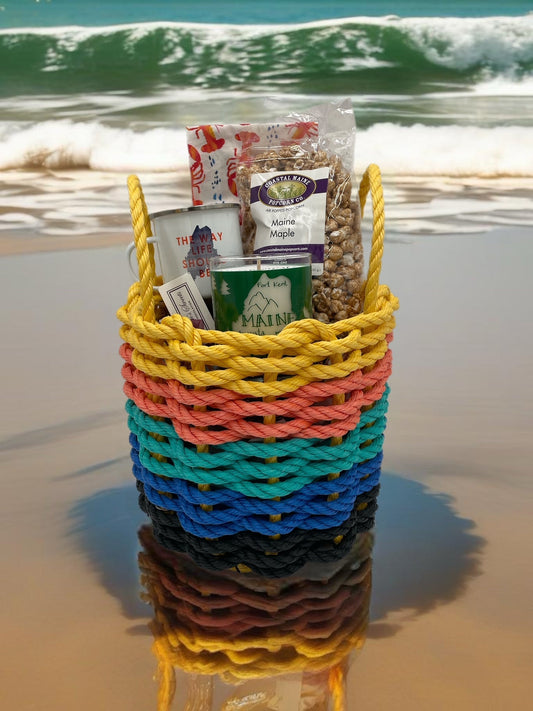The Way Life Should Be Maine gift basket packed in an authentic Little Salty Rope lobster-rope basket