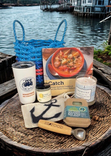Love The Sea Maine gift basket with Maine Salt Farm sea salt and the Catch cookbook