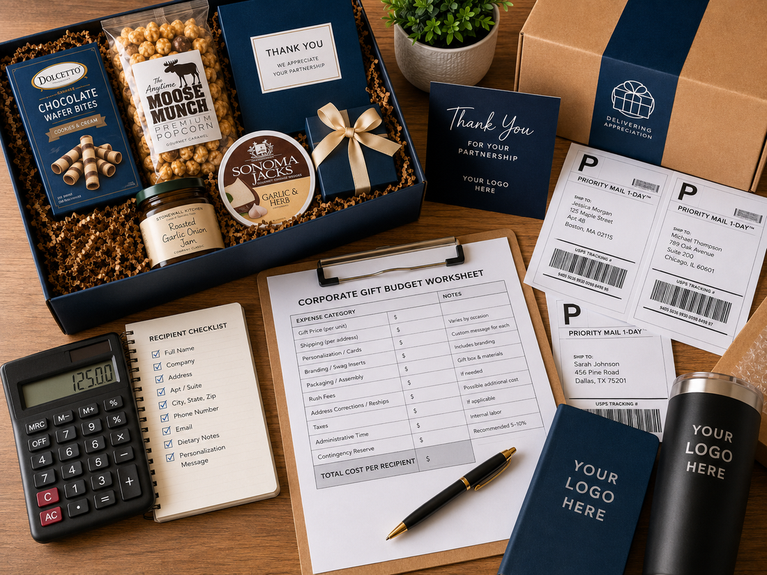 Corporate gift basket with shipping labels and a budget worksheet illustrating hidden bulk gifting costs