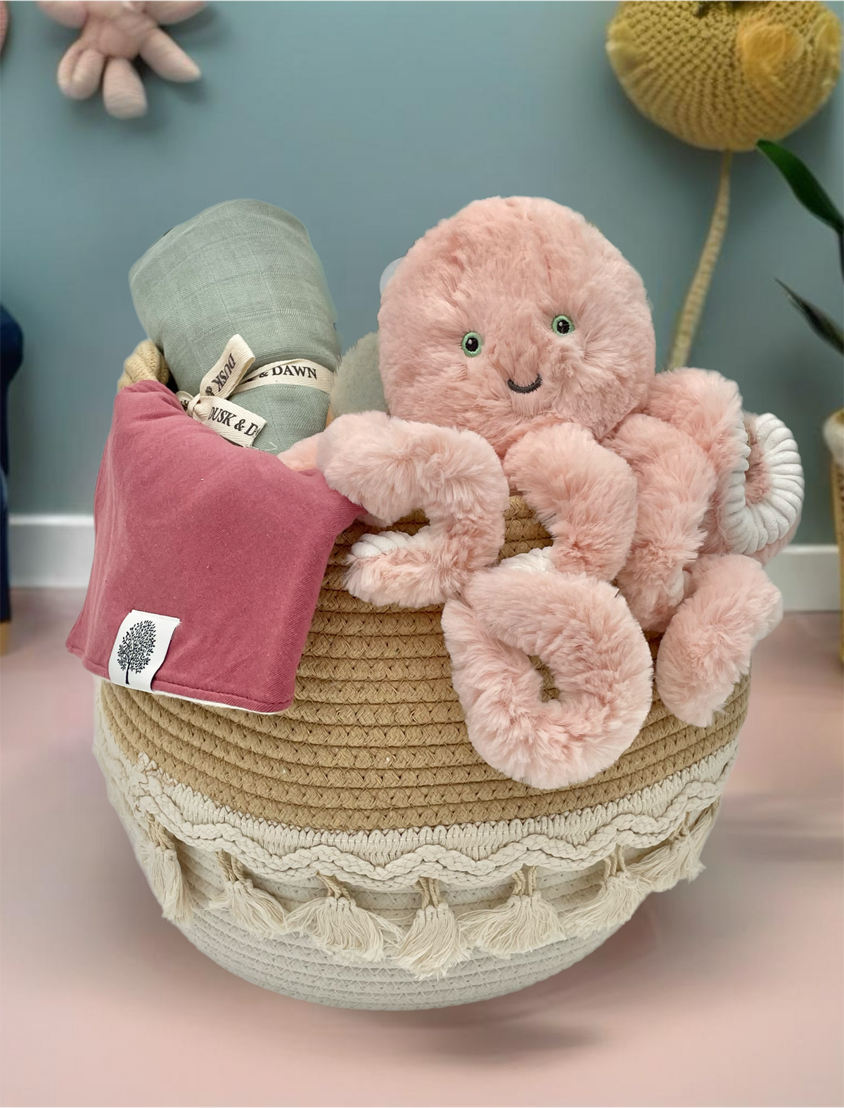Ocean Adventure Baby Gift Basket with plush octopus toy and swaddle blanket