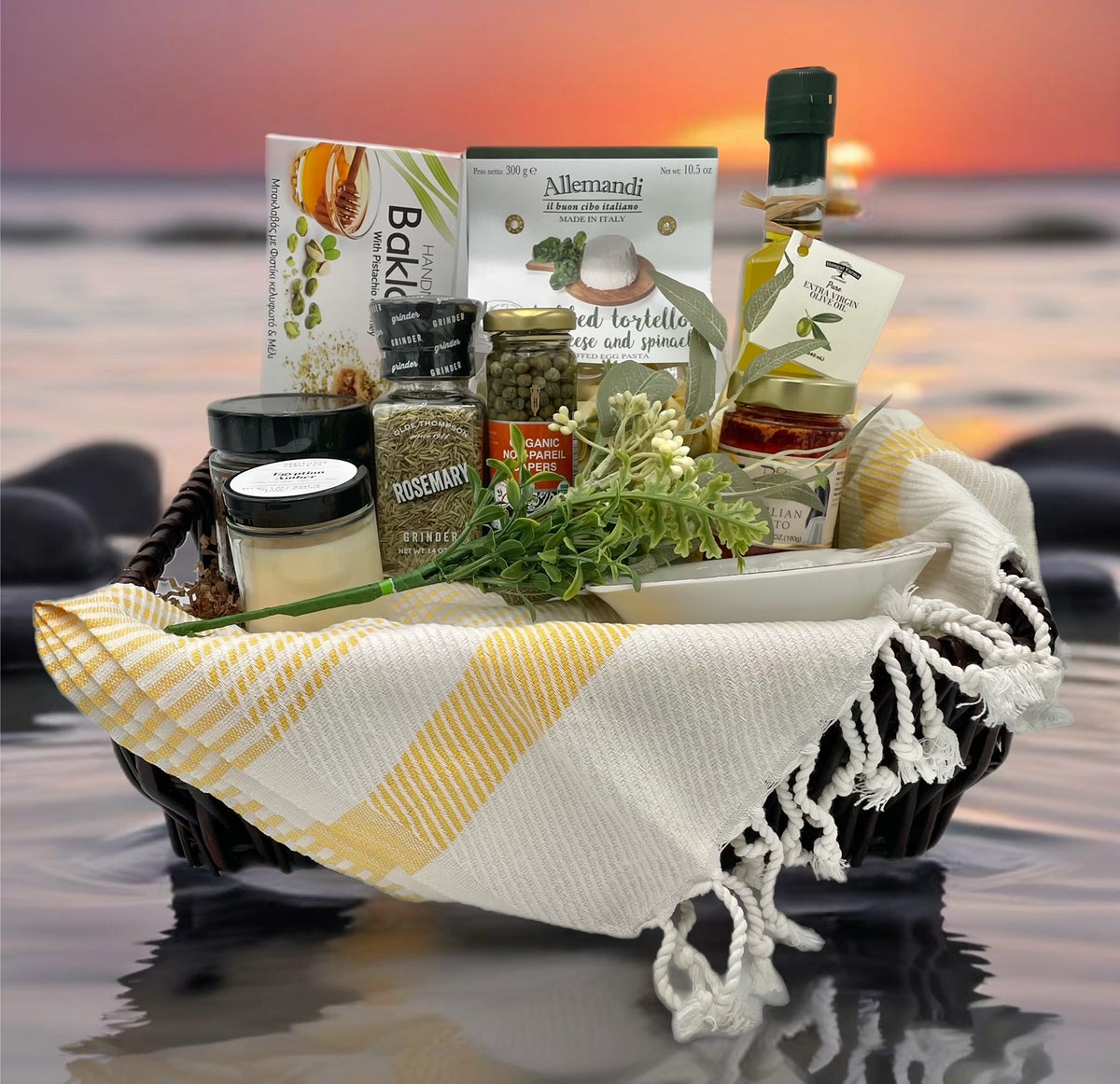 Cruising the Mediterranean Gift Basket with olive oil, dolmas, and baklava
