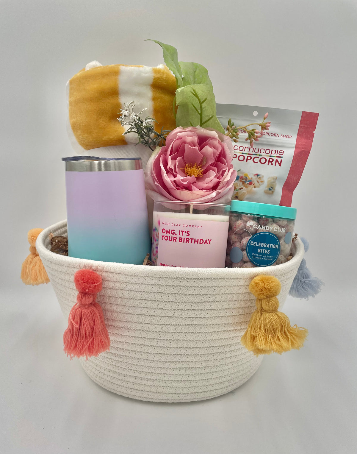 OMG It's Your Birthday Gift Basket with plush blanket, mug, and birthday treats