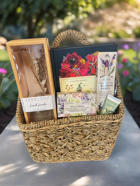 All Things Flowers Gift Basket with reed diffuser, hand cream, and lavender pencil